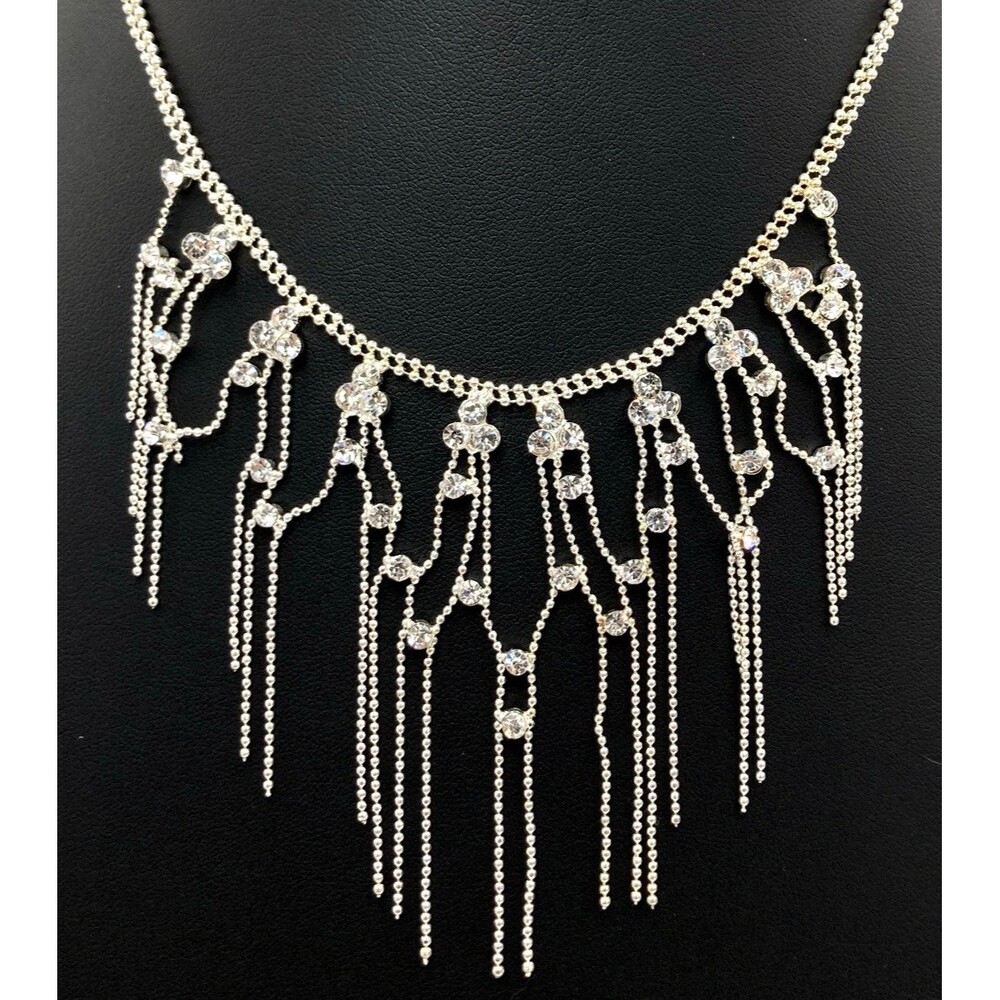 Vintage Rhinestone Fringe Bib Necklace Silver Tone 19 Inch Adjustable Chain